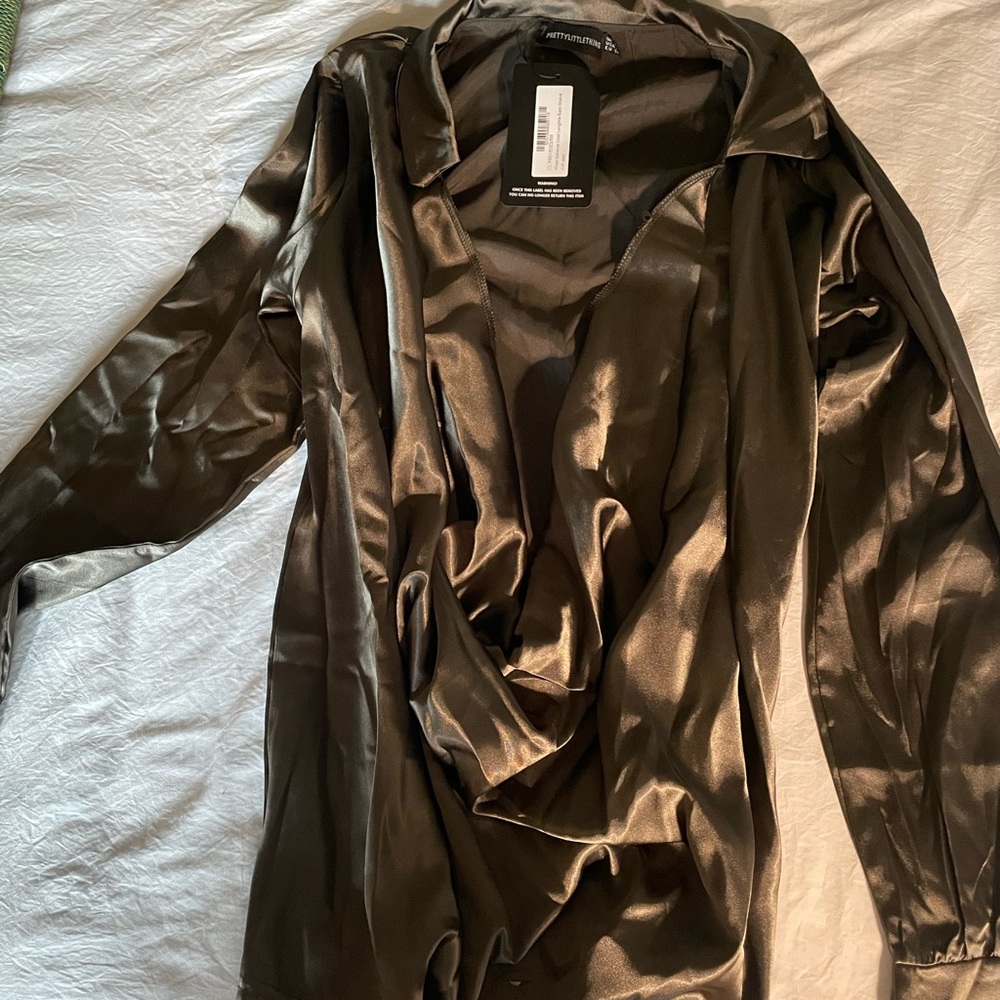 Pretty little thing low cut olive green silk shirt